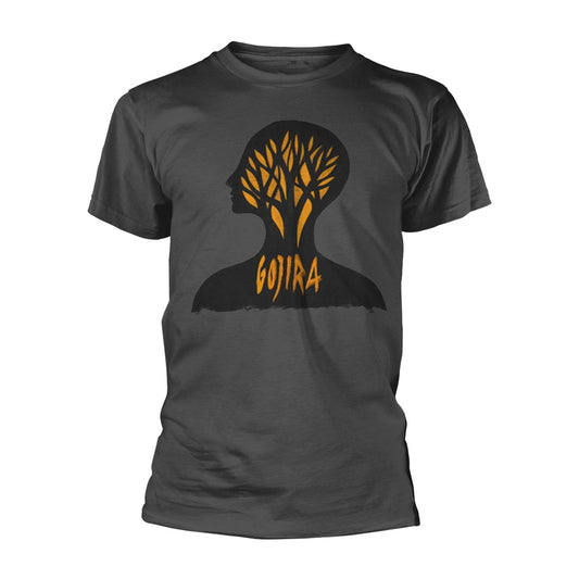 Black t-shirt with a golden tree-filled head silhouette and "GOJIRA" text.