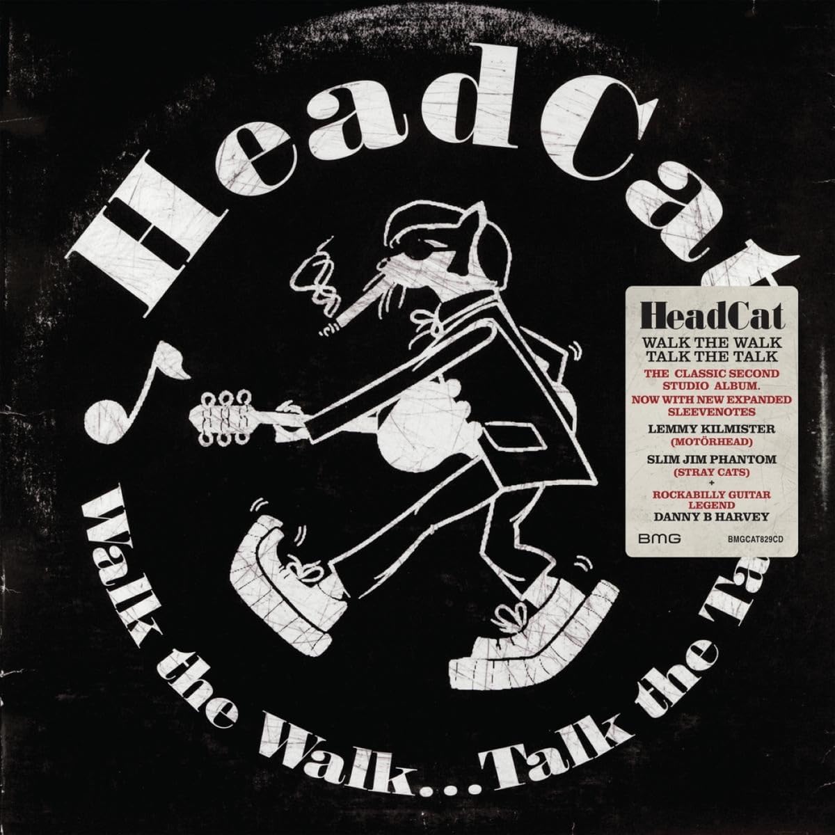 "Black album cover with white cartoon man playing guitar and 'HeadCat' text."