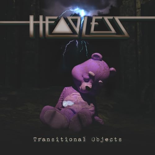 Purple, distressed teddy bear with lightning in a dark, moody scene.