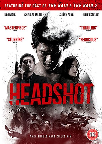 "Headshot DVD cover featuring a man and woman with guns, surrounded by action scenes."