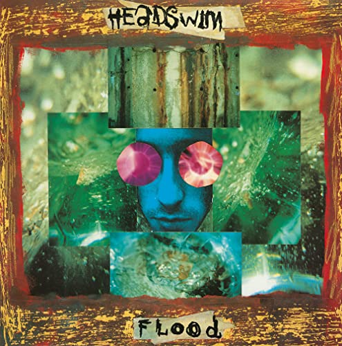 Headswim Flood album cover featuring a blue face with circular eyes in a collage.
