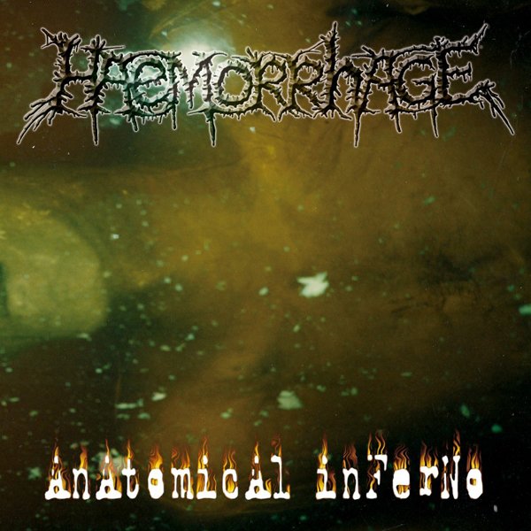 Album cover with dark green background, spiky black logo, and flaming text at bottom.