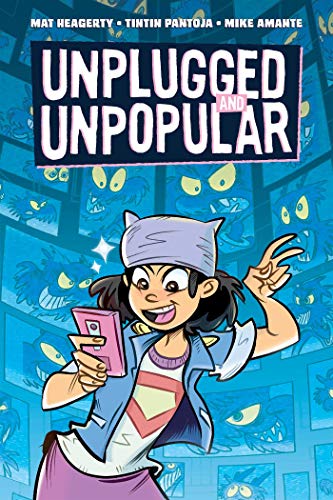 Book cover: girl with phone, cartoon birds, and bold title text.