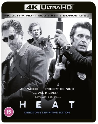 Heat 4K Blu-ray cover featuring Al Pacino, Robert De Niro, and Val Kilmer.