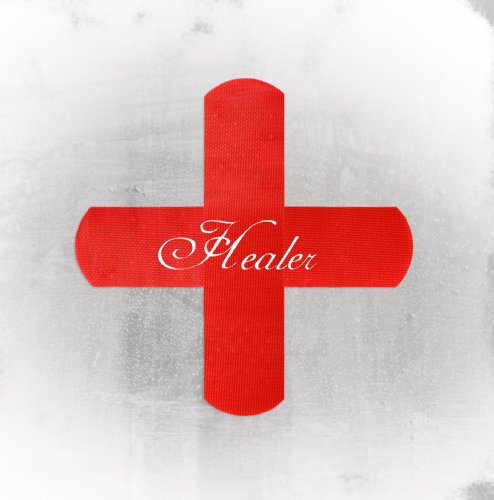 Red cross shape with the word "Healer" on a mottled gray background.