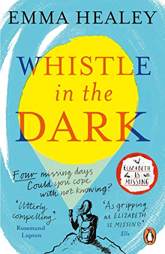 Book cover with blue background, yellow circle, and title "Whistle in the Dark" in purple and red.