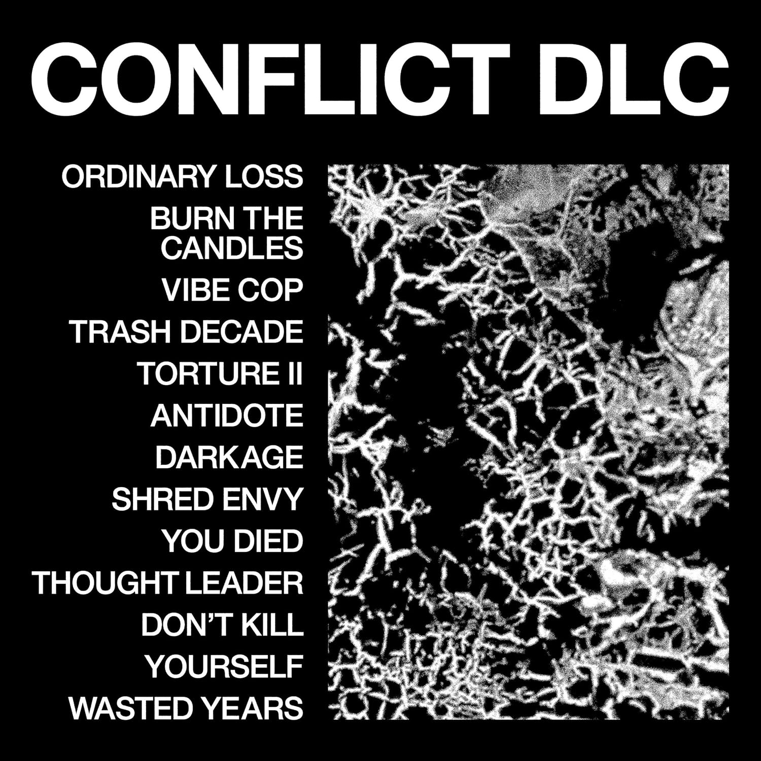 Black and white album cover with the title CONFLICT DLC and a tracklist.