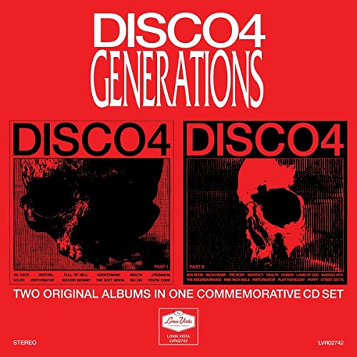 Red album cover with white text "DISCO4 GENERATIONS" and split black and white images.