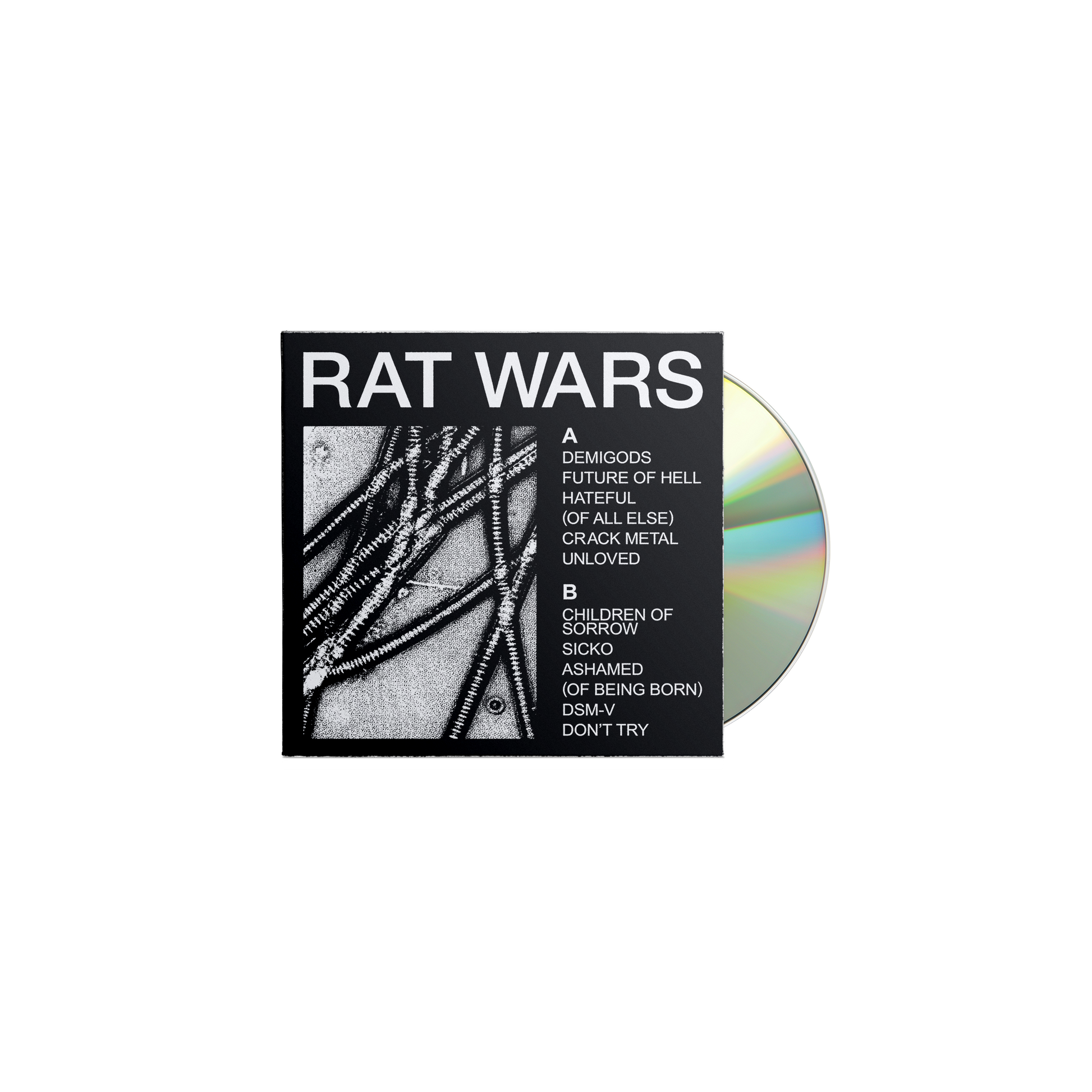 CD case for “Rat Wars” with black and white rat illustration.
