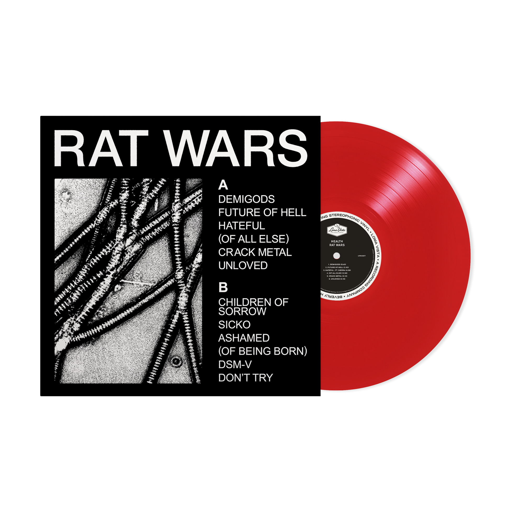 Red vinyl record for HEALTH’s “Rat Wars” with black and white cover art.
