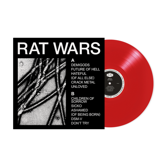 Red vinyl record for HEALTH’s “Rat Wars” with black and white cover art.