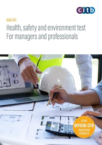 Book cover: Health, safety and environment test with construction plans.