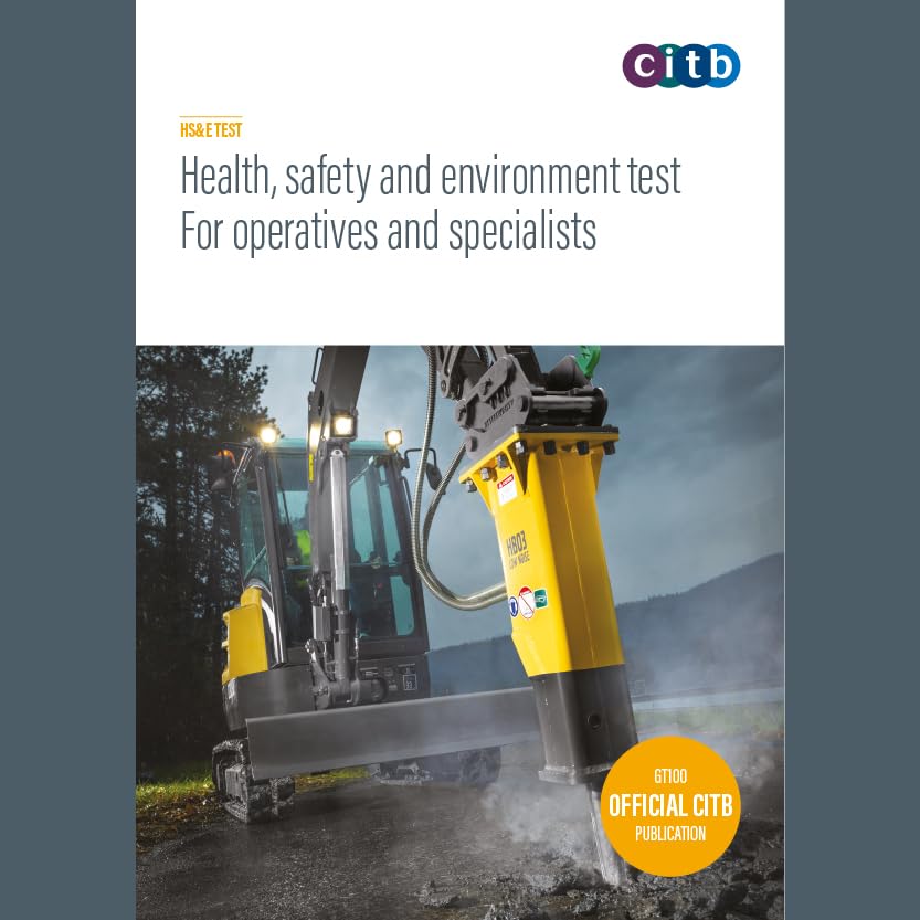 Cover of health and safety test book with excavator image.