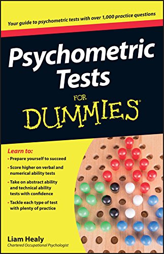 Book cover: "Psychometric Tests For Dummies" with colorful game pieces.