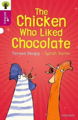 Book cover: two cartoon chickens and a chocolate square on red.