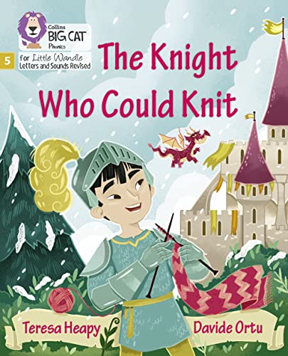 Book cover: a knight knitting, with a dragon and castle background.