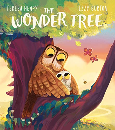 Illustration of a large owl sheltering a smaller owl in a tree.