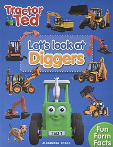 Colourful children's book cover featuring Tractor Ted and a digger on a construction site.