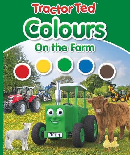 Book cover featuring Tractor Ted with farm animals and colour circles.