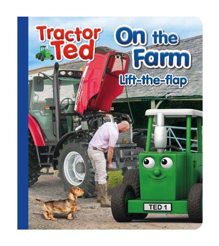 A man inspects a red tractor engine next to a green cartoon tractor and dog.