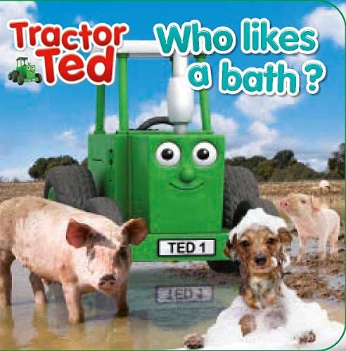 Colourful tractor illustrations and text on a bath book with a shiny plastic cover.