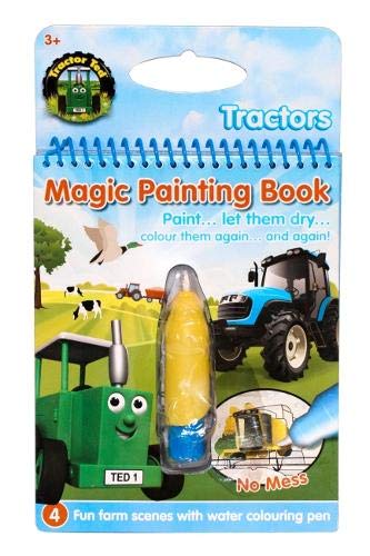 Tractor Ted magic painting book packaging with colorful tractors and farm scene illustration.