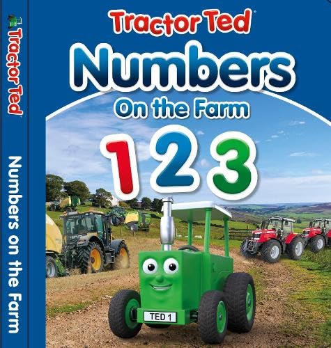 Book cover for Tractor Ted Numbers on the Farm featuring a cartoon green tractor.