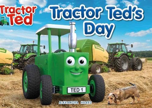 Green cartoon tractor with a face, in a field with other tractors and dog.