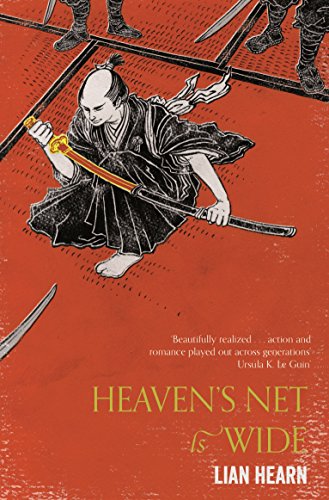 Red cover with a crouching samurai wielding swords, book title “Heaven’s Net is Wide.”