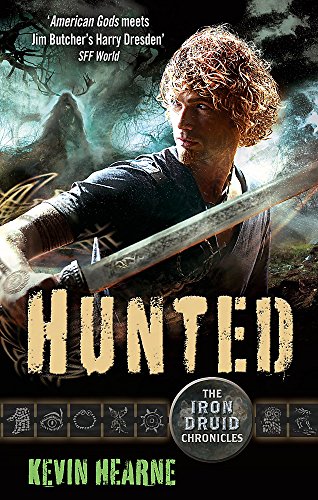 Book cover featuring a man with a sword, titled "Hunted.
