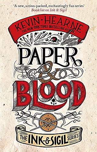 Book cover: “Paper & Blood” with ornate red lettering and illustrated symbols.