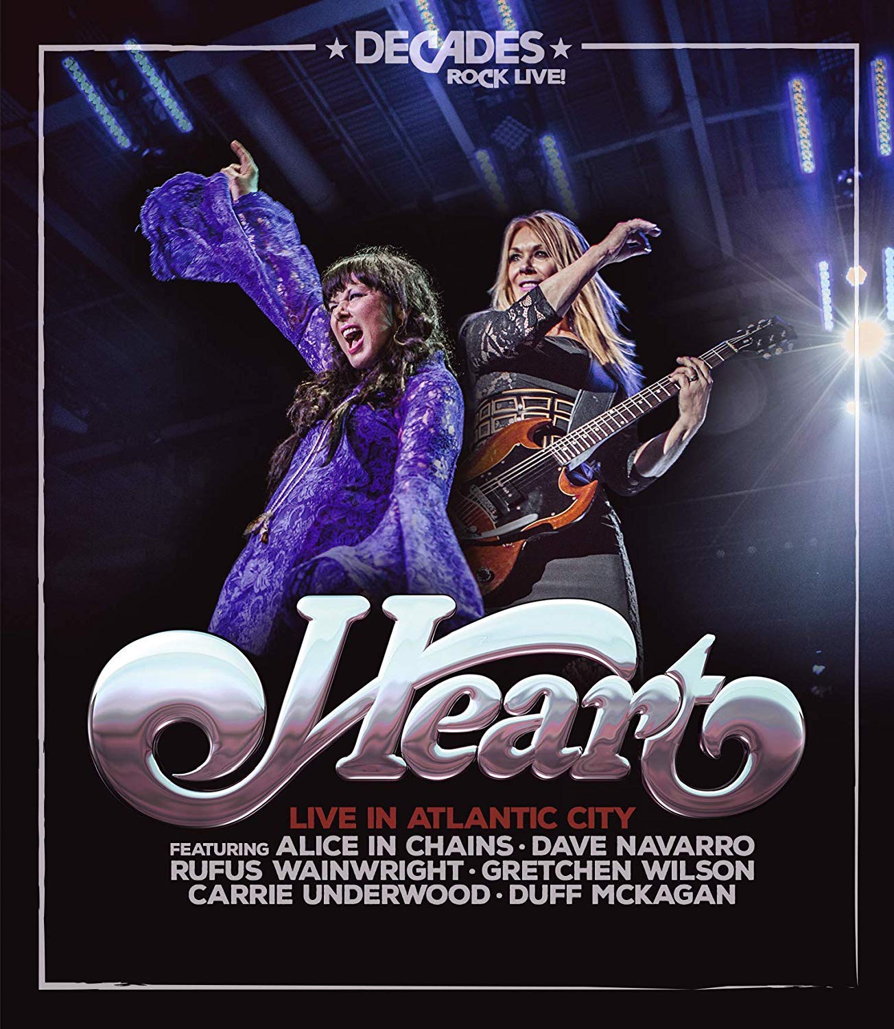 Ann and Nancy Wilson of Heart performing live on stage with guitars.