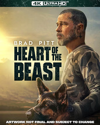 “Heart of the Beast” UHD Blu-ray cover featuring Brad Pitt and a German Shepherd.