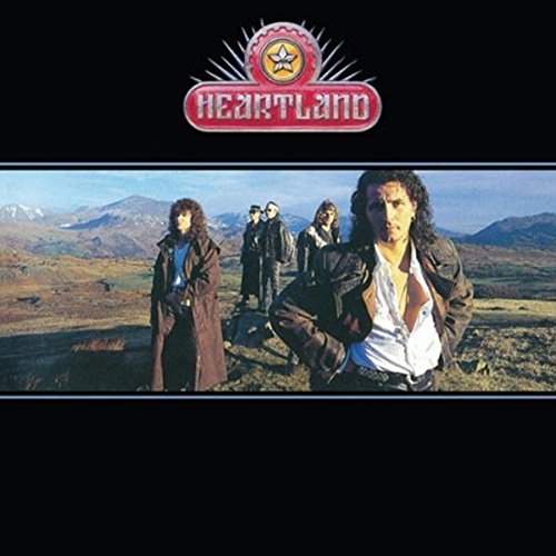 Album cover for Heartland, featuring a band in a rural landscape.