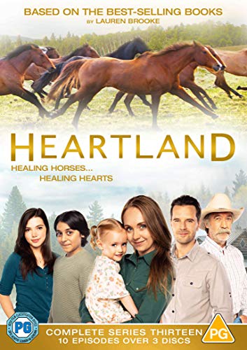 Heartland" season 13 DVD cover with horses, cast, and rural landscape.