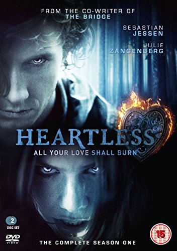 "Heartless DVD cover featuring two men and a flaming heart, with title and tagline."