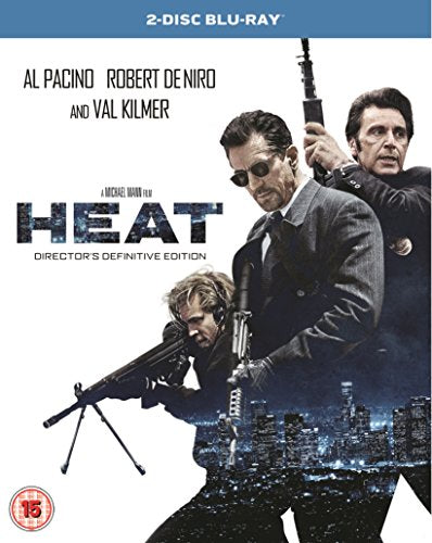 Blu-ray cover for the film Heat featuring Al Pacino, Robert De Niro, and Val Kilmer.