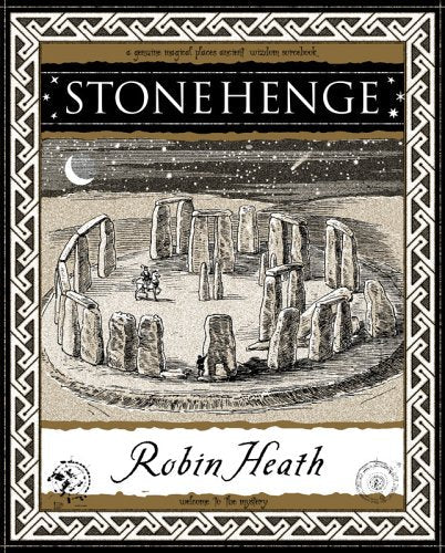 Stonehenge illustration with figures, a crescent moon, and ornate border.