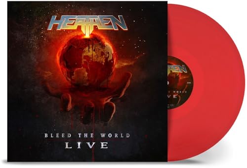Heathen Bleed the World Live album cover art next to a solid red vinyl record.