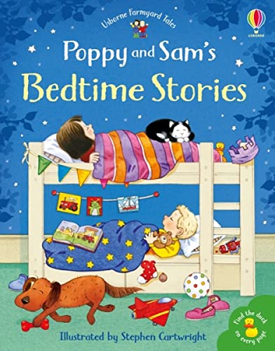 Children sleeping in bunk beds with a dog and toys on a starry night.