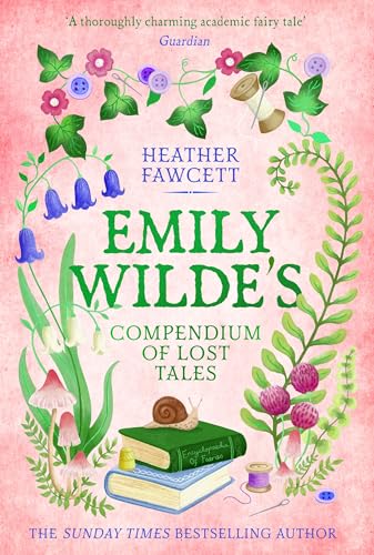 Book cover with floral wreath, stacked books, and a snail.