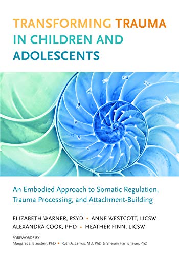 Book cover with a nautilus shell and title: "Transforming Trauma in Children and Adolescents.