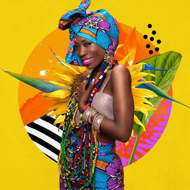 The image depicts a woman in a vibrant outfit surrounded by sunflowers on a yellow background. For accessibility purposes, a suitable alt text could be: "Woman in colorful headwrap and dress surrounded by sunflowers."