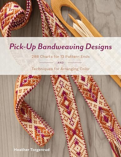 Book cover featuring woven patterned bands and a wooden weaving shuttle on wood background.
