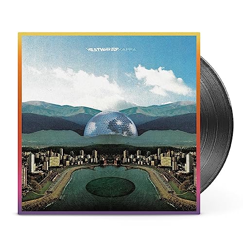 Vinyl record with album cover depicting a cityscape under a cloudy sky.