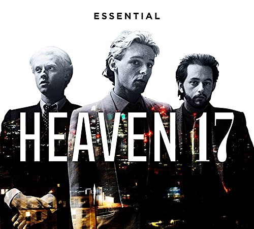 Heaven 17 album cover featuring three men’s portraits over a city skyline.
