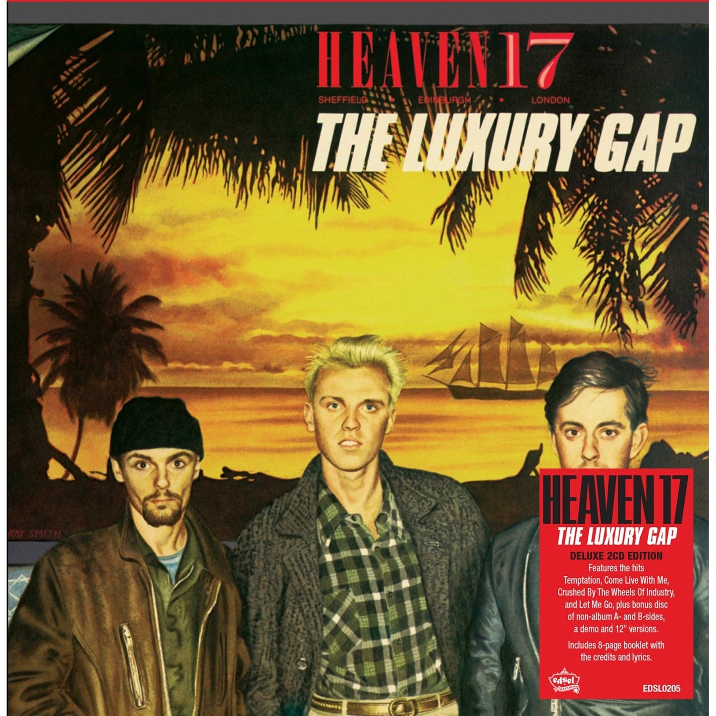 Heaven 17 album cover, "The Luxury Gap," featuring three band members.