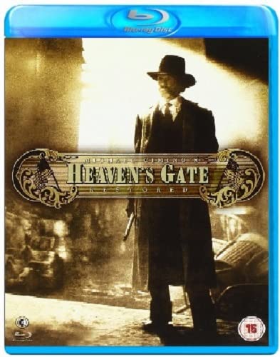 Blu-ray cover for “Heaven’s Gate” featuring a man in a hat and ornate title.