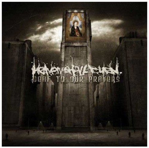 "Album cover art: dark church scene with 'Heaven Shall Burn' and 'Deaf to Our Prayers' text."