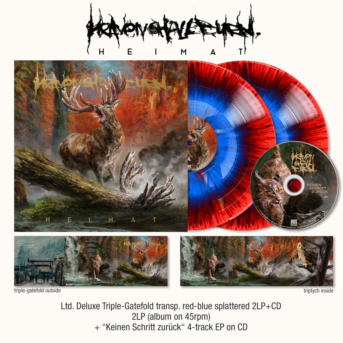 Heaven Shall Burn “Heimat” vinyl record with deer artwork and red-blue splatter.
